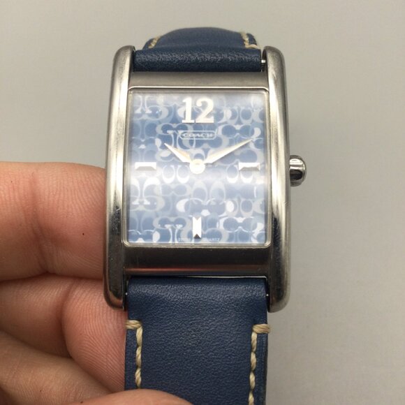 Coach Tank WatchWomen 25mm Silver Tone Blue Logo Dial Leather Band New Battery - Picture 8 of 15
